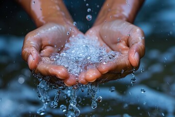 Fototapeta premium Water splashing from female hands, closeup of hands holding water