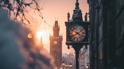 Vintage clock in street with beautiful historical buildings at sunrise in winter with snow and fog in Prague city in Czech Republic in Europe.