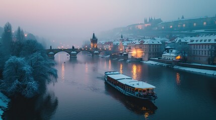 Boat in river with bridge and beautiful historical buildings in winter in Prague city in Czech...