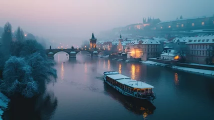 Gordijnen Boat in river with bridge and beautiful historical buildings in winter in Prague city in Czech Republic in Europe. © Joyce
