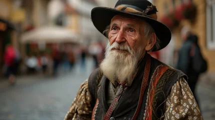 Poster Portrait of a senior male in traditional Czech clothing in street with historic buildings in the city of Prague, Czech Republic in Europe. © Joyce