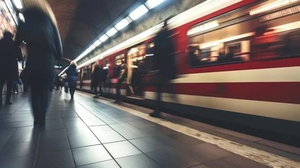  Motion blurred view of subway station with passengers in the city of Prague, Czech Republic in Europe. © Joyce