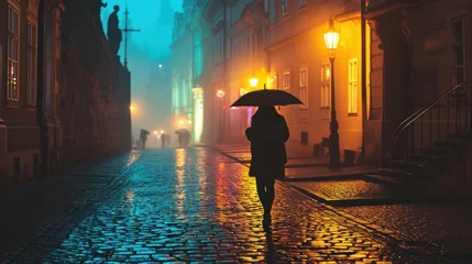  Silhouette of a girl with umbrella walking in rain in street with historic buildings in the city of Prague, Czech Republic in Europe. © Joyce