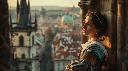 Rolgordijnen Portrait of Medieval woman in balcony with rooftop view of Prague city in Czech Republic in Europe. © Joyce