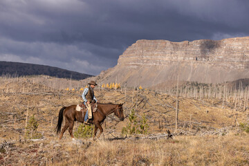 Cowboy riding horse in mountain wilderness outfitter