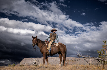 Cowboy riding horse in mountain wilderness outfitter