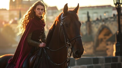 Obraz premium Lifestyle portrait of a beautiful Medieval lady on horseback in Prague city in Czech Republic in Europe.
