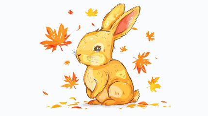 Cute yellow rabbit with the autumn maple freehand 