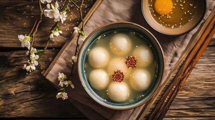 Traditional dinner dish rice ball Tangyuan during family gathering party to celebrate Chinese lunar new year.