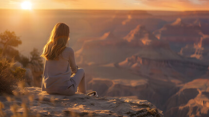 A beautiful young woman sitting on a rock at the Yavapai Point, looking out at the view, with details of the woman's peaceful expression, the canyon's layered rocks, and the setting sun.
