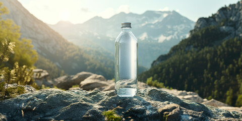 mineral glass water bottle on mountain