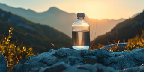 mineral glass water bottle on mountain, illustration
