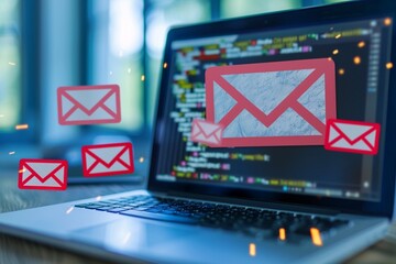Alert Email inbox and spam virus with warning caution for notification on internet letter security protect, junk and trash mail and compromised information - obrazy, fototapety, plakaty