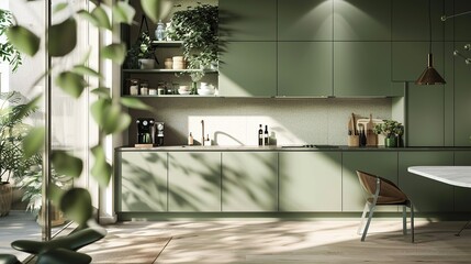 Chic Minimal Kitchen with Green Palette, Featuring Seamless Plant Integration