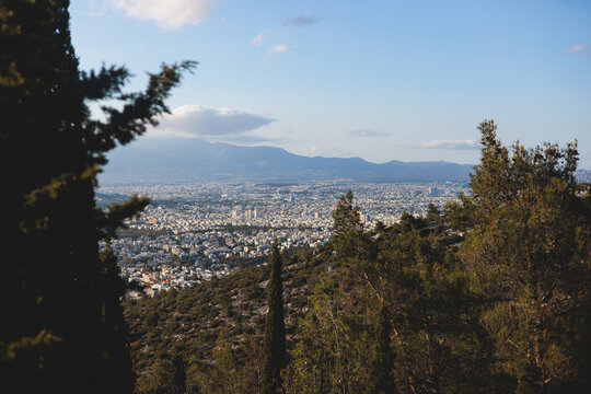 Hymettus mountain landscape, hiking in Athens, Hymettos mountain range panoramic beautiful view, Attica, Greece, in a summer sunny day, with Kaisariani aesthetic forest