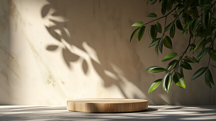 Wooden podium display with leaf shadow composition for product presentation