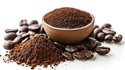 Close-up view of coffee beans and ground coffee powder on table.