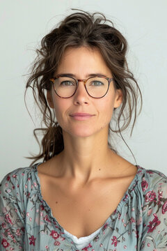 portrait front photo of 40 year old spanish woman with glasses facing camera, studio photography, transparent white background