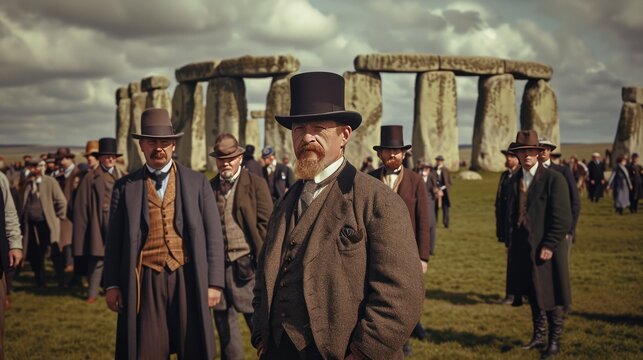 Vintage portrait photo of people at famous Stonehenge ancient mystery site in England UK.