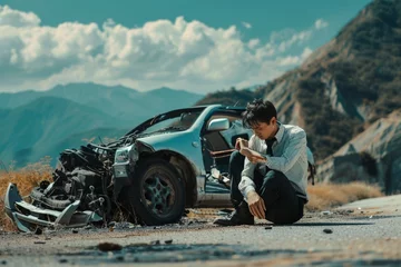 Fotobehang Asian businessman broken car engine breakdown his stressed problem, Accident emergency on the mountain road outdoor late for work concept. © Haseeb