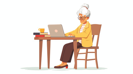 Elderly Woman Sitting At Table And Working With laptop.