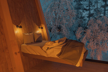 3D rendering of wooden hut with raised bed at night