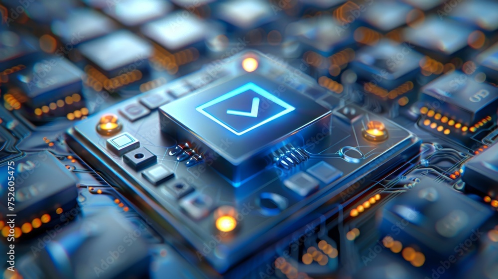 Poster illuminated blue checkmark on a circuit board. concept of technology approval, digital validation, e