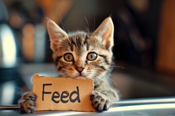 Cute hungry kitty with large, pleading eyes holding a "Feed Me" cardboard sign. Concept of pet care, animal feeding, funny cats, humorous pet expressions.
