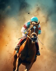 Jockey on a racing horse in dynamic motion, dust background. Concept of horse racing, speed, competition, and equestrian sports.