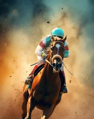 Gordijnen Jockey on a racing horse in dynamic motion, dust background. Concept of horse racing, speed, competition, and equestrian sports. © Jafree