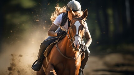 Female jockey riding bay horse in full gallop. Concept of equestrian sport, horseback riding, race training, and athleticism. - obrazy, fototapety, plakaty