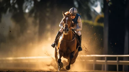 Foto op Aluminium Horse and jockey in intense race competition, dust flying on racetrack. Concept of equestrian sports, racing speed, stamina, and winning. © Jafree