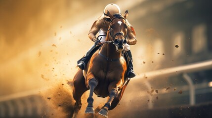 Racehorse galloping fiercely on a dusty track with its jockey. Concept of action, horse racing, competitive sport, and high speed. - obrazy, fototapety, plakaty
