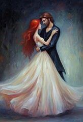 Couple in close dance pose. Man and woman in love. Concept of classic romance, dance partnership, and timeless love. Cover for women's romance novel. Vertical. Oil painting style
