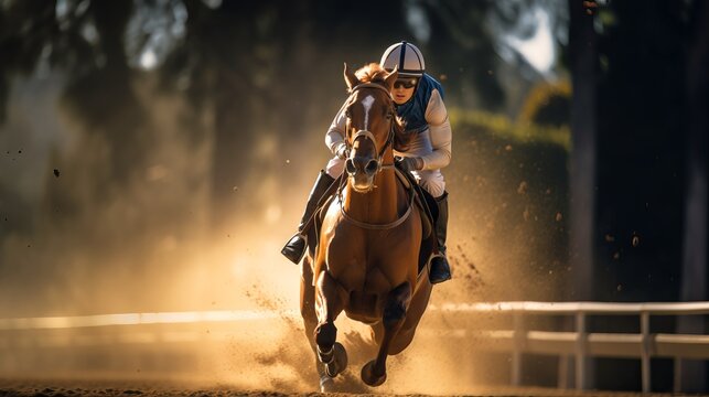 Horse and jockey in intense race competition, dust flying on racetrack. Concept of equestrian sports, racing speed, stamina, and winning.