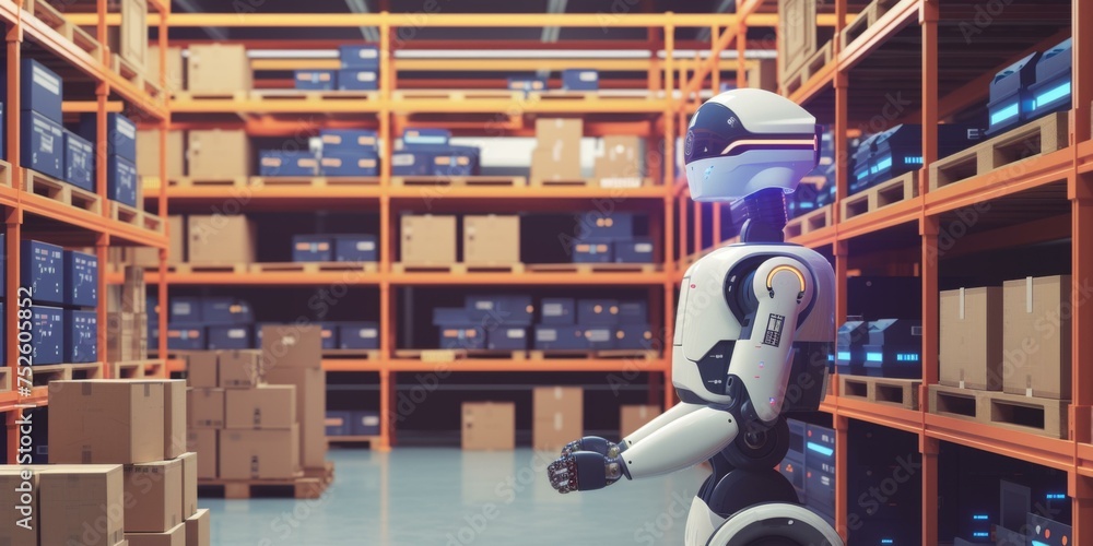 Poster a robot in a warehouse with boxes and shelves. generative ai.