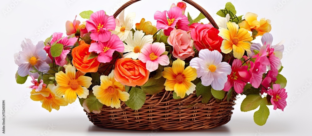 Poster a basket filled with an array of vibrant and colorful flowers, standing out against a white backgrou