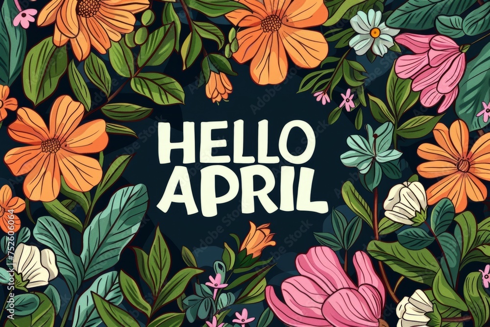 Poster a background of flowers with the words hello april generative ai