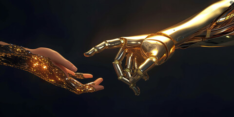 Gold cyborg hand touch human hand on dark background, illustration