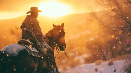 Schilderijen op glas Cowboy on horseback in wild rugged field in winter with snow. © Joyce