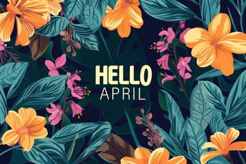 HELLO APRIL wallpaper in green on a background of flowers Generative AI