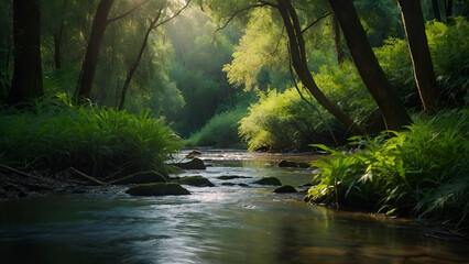 flowing stream in the forest - obrazy, fototapety, plakaty