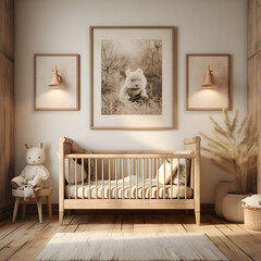 cozy and well-lit nursery room with a wooden crib and a colorful artwork