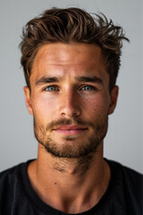 portrait front photo of 30 year old german man facing camera, studio photography, transparent white background