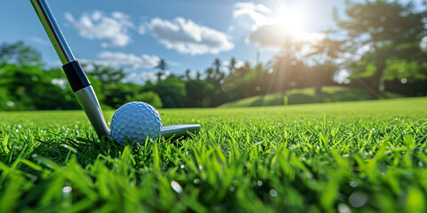 Golf club and ball in grass. wide panoramic - obrazy, fototapety, plakaty