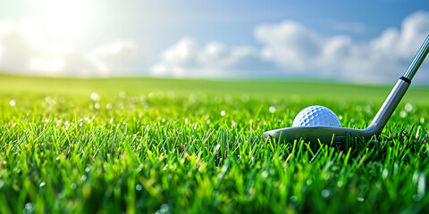 Golf club and ball in grass. wide panoramic - obrazy, fototapety, plakaty
