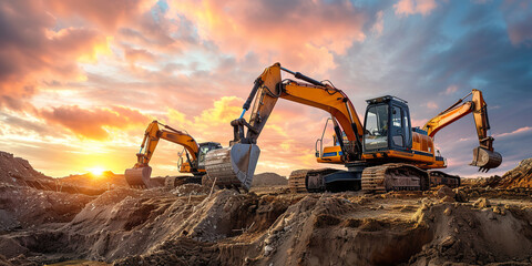 Group of excavator working on a construction