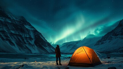 Camping in wild with tent and stunning aurora light at night. - obrazy, fototapety, plakaty