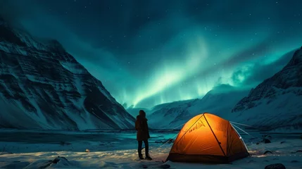 Tuinposter Camping in wild with tent and stunning aurora light at night. © Joyce