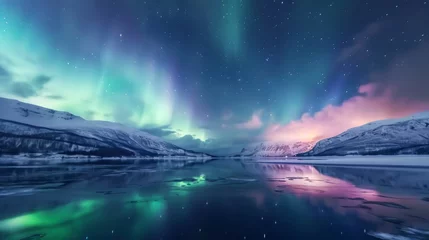 Fototapeten Beautiful aurora northern lights in night sky with lake snow forest in winter. © Joyce